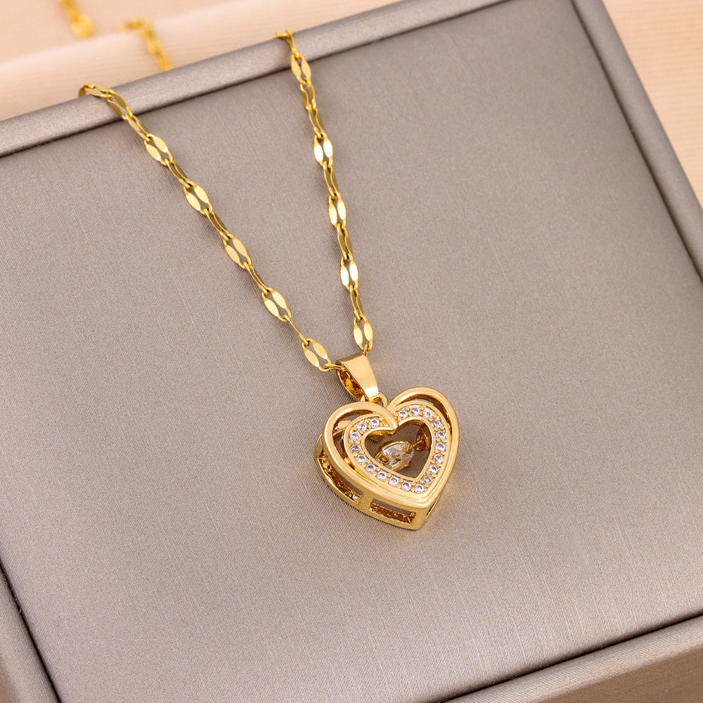 new Double-layer Love Necklace With Rhinestones Titanium Steel Pendant Fashion Jewelry Woman Valentines Day Gift