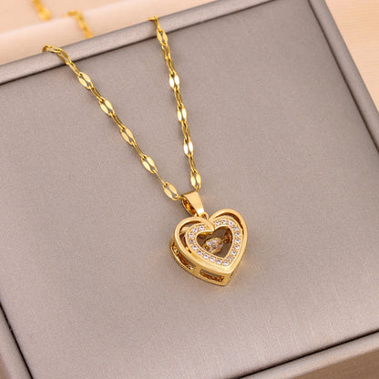 new Double-layer Love Necklace With Rhinestones Titanium Steel Pendant Fashion Jewelry Woman Valentines Day Gift