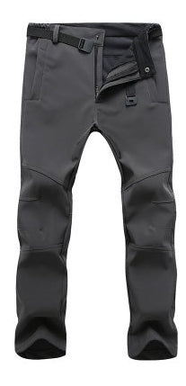 Black and dark grey outdoor hiking pants with adjustable waist belt and reinforced knee patches