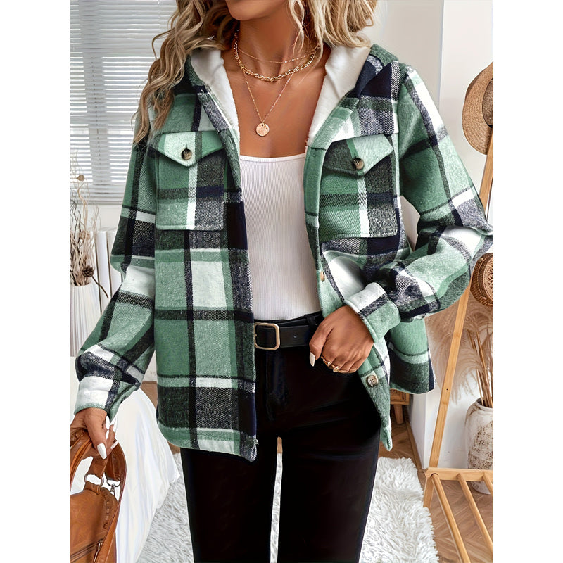 NEW Women's Plaid Fleece Lined Hooded Jacket Button Front Long Sleeve Coat With Pocket