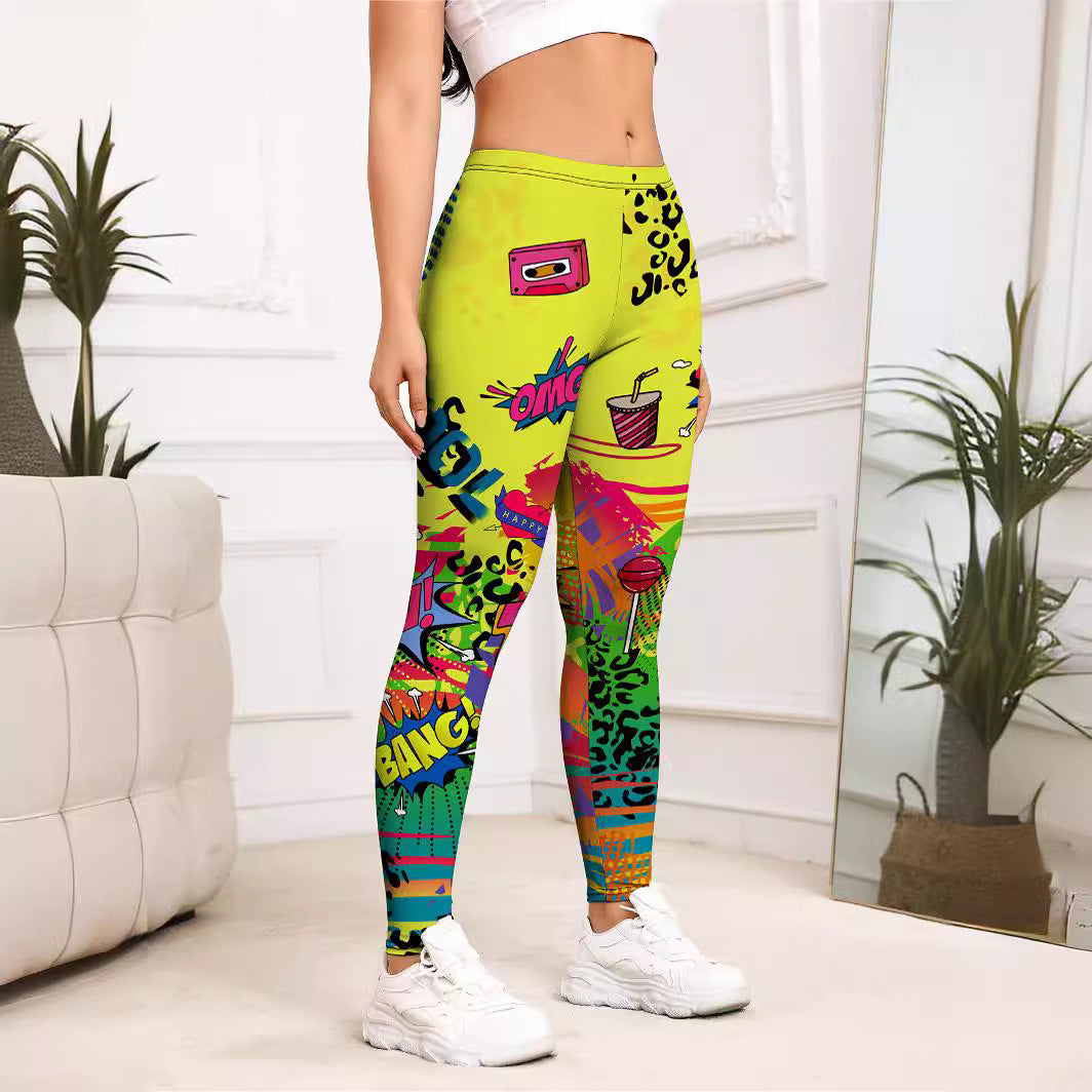 NEW Yellow Cartoon Printed Sports Slim-fitting Leggings