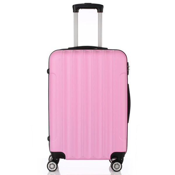 Pink hard-shell suitcase with telescopic handle and four spinner wheels on white background