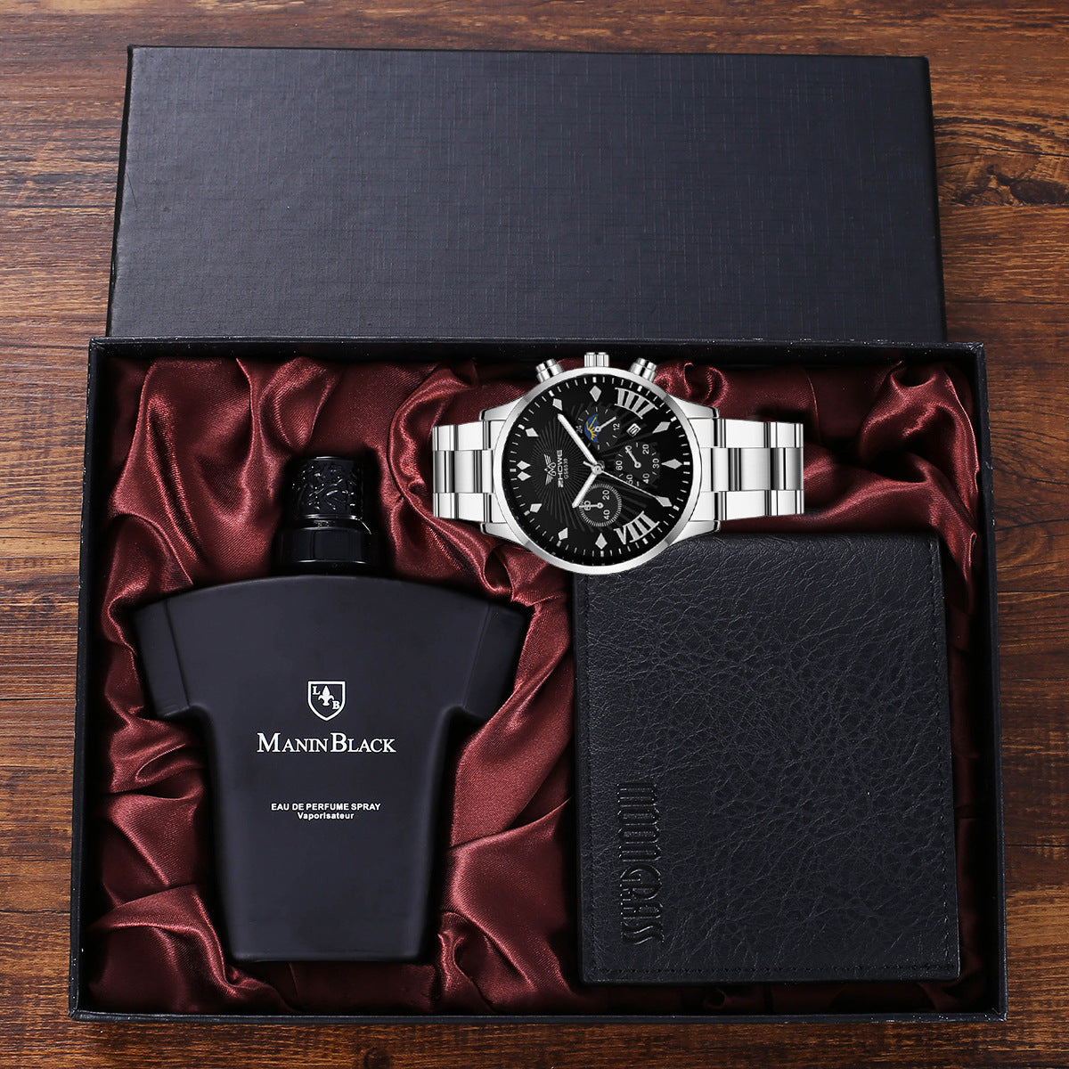 Luxury gift set with Manin Black perfume, silver wristwatch, and black leather wallet in satin-lined box