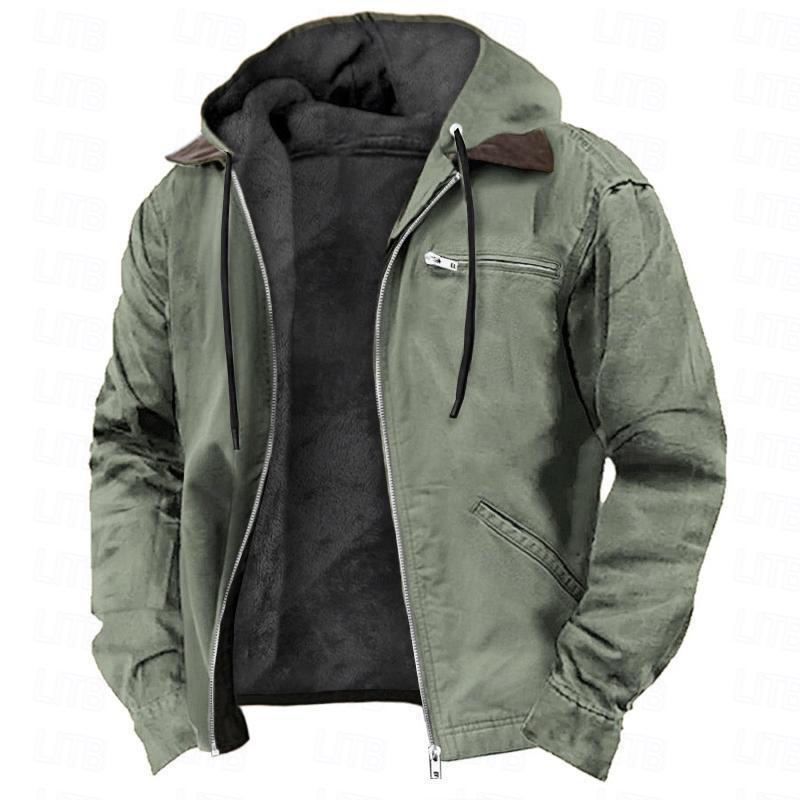 Green men's winter jacket with zipper, black fleece lining, and brown collar detail