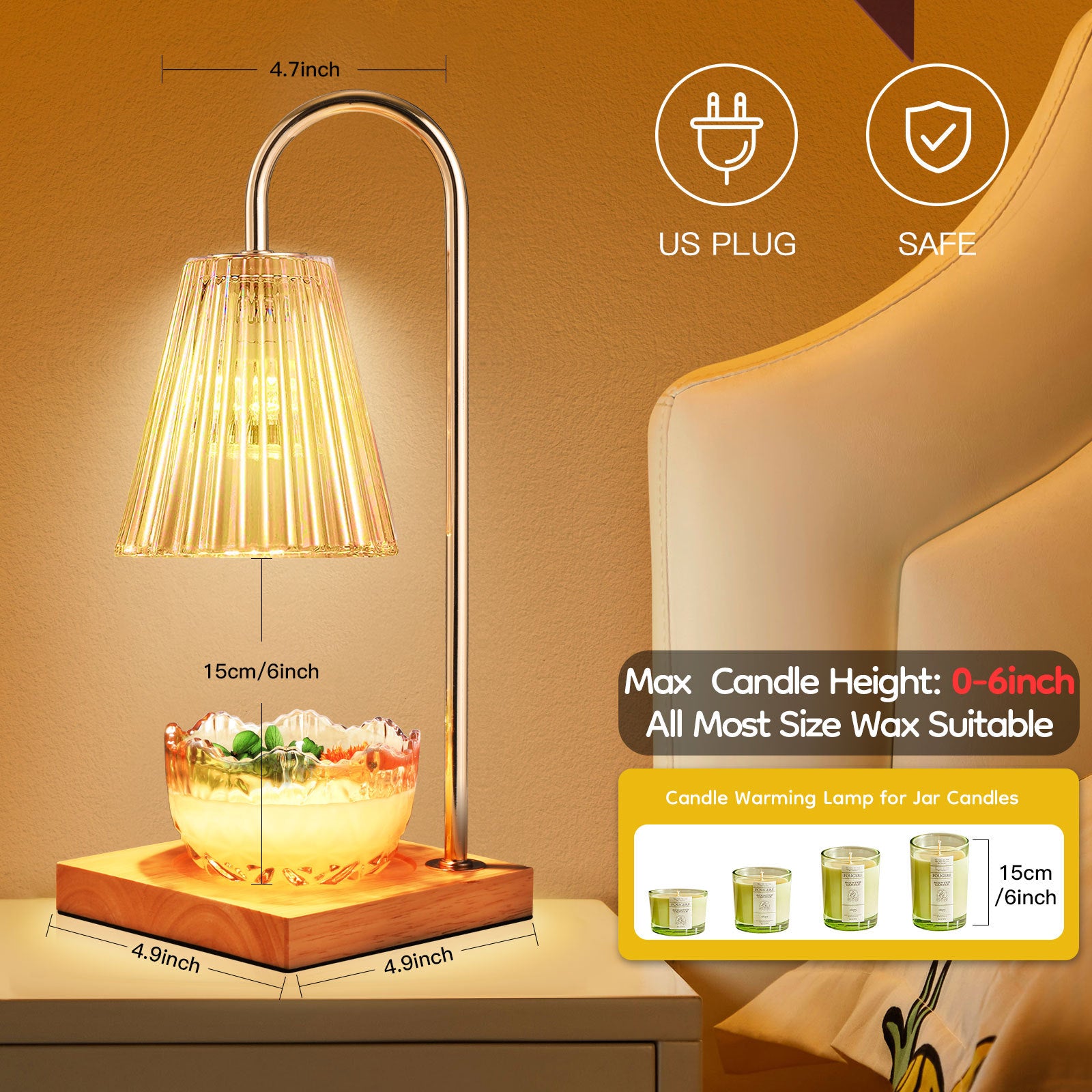 Modern candle warming lamp with glass shade on wooden base, dimensions and safety icons