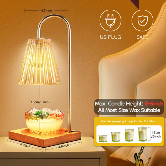 Modern candle warming lamp with glass shade on wooden base, dimensions and safety icons