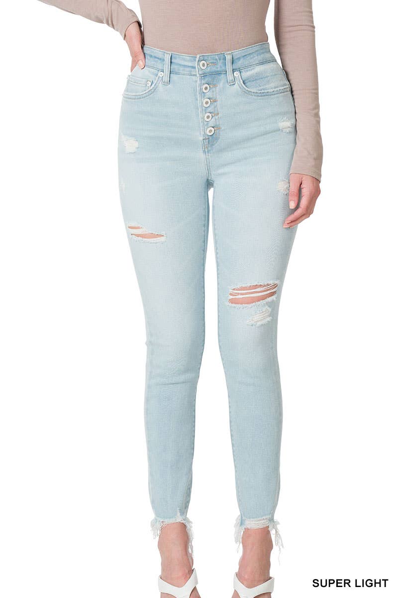 Distressed Button Fly Ankle Skinny Denim Pants Zenana