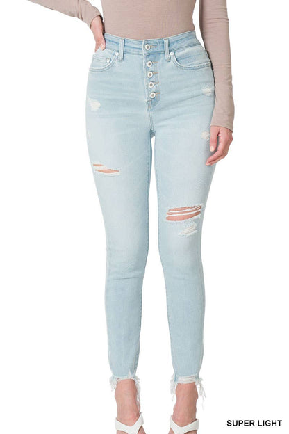 Distressed Button Fly Ankle Skinny Denim Pants Zenana