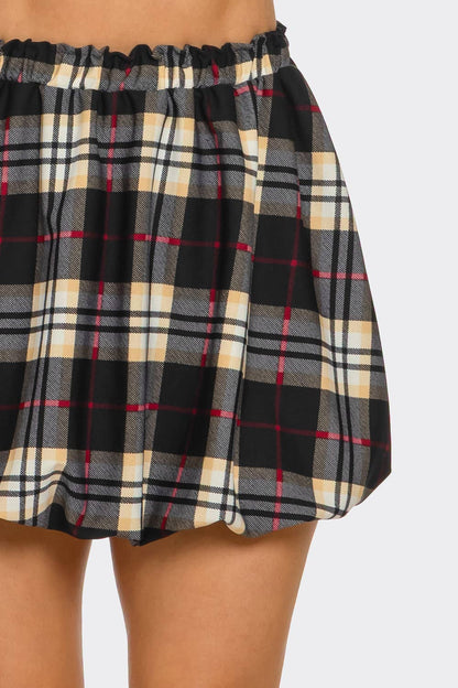 Plaid Elastic Waistband Ruffle Trim Bubble Skirt