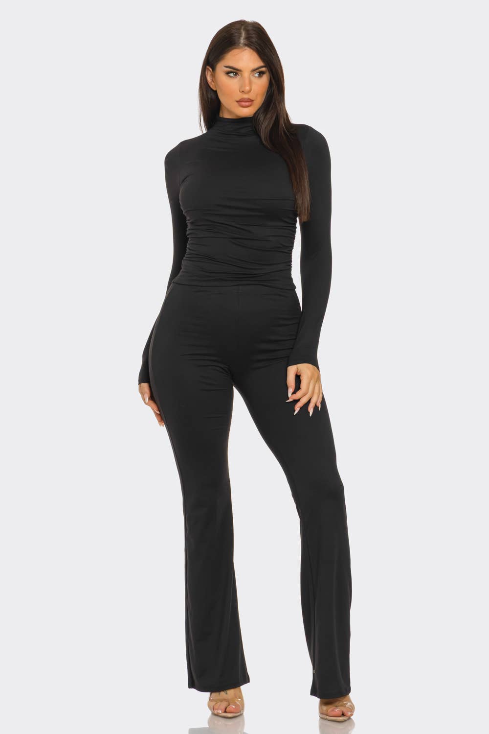 Mock Neck Shirring Top And Flare Leggings Set