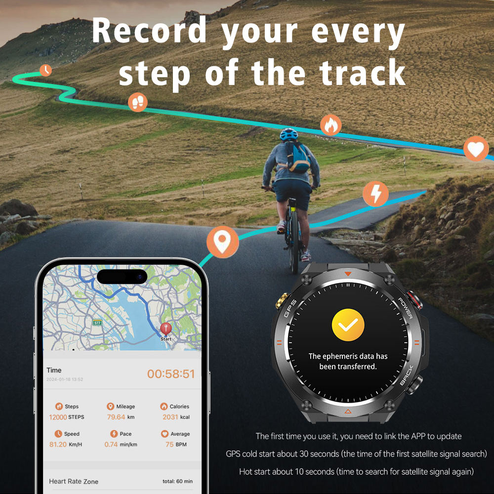 Cyclist on mountain road with GPS tracking watch and mobile app showing steps, mileage, and heart rate data
