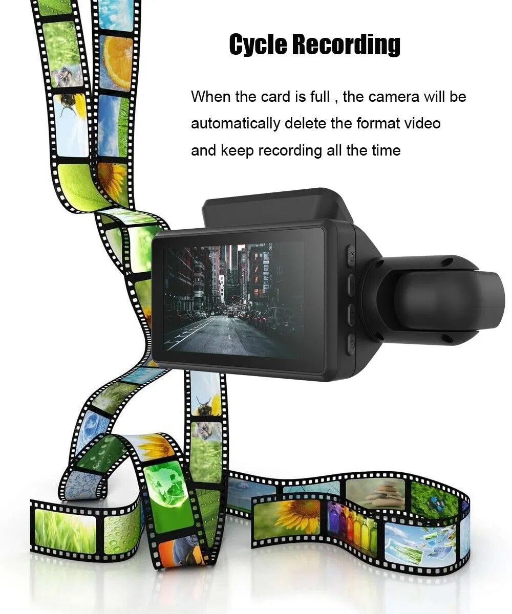 Black compact video camera with urban road display and colorful photo film strip illustrating cycle recording feature