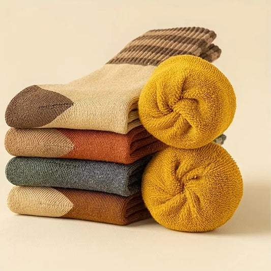 10 Pairs Oversized Thick Polar Fleece Lined Winter Socks – Vintage Striped Thermal Cotton Socks for Women & Men