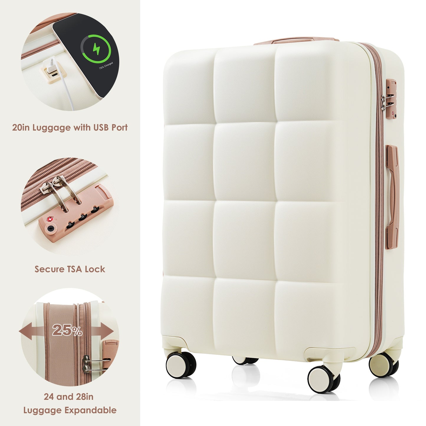 White 20in hard shell suitcase with USB port, TSA lock, expandable zipper, and four spinner wheels