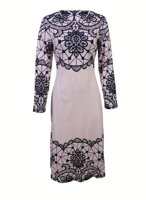 Elegant long-sleeve midi dress with black intricate floral lace pattern on light pink fabric