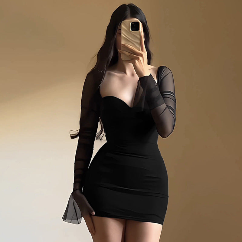 NEW Sexy Mesh Stitching Long Sleeve Slim Fit Dress