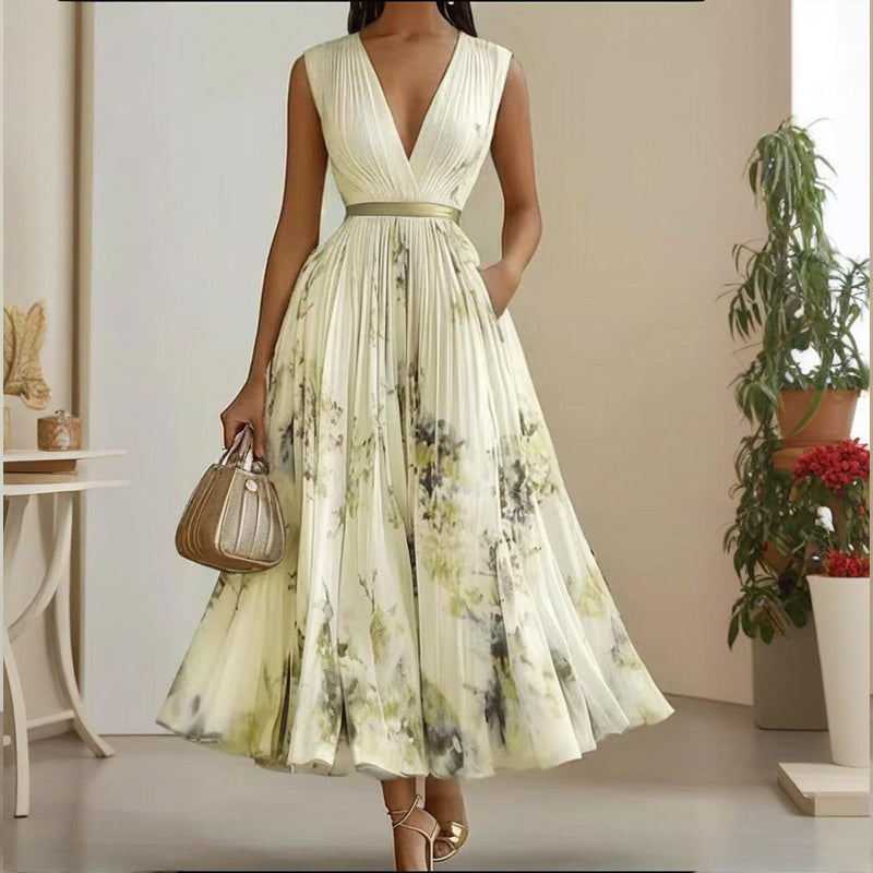 NEW Women's Deep V-Neck Floral Print Sleeveless Maxi Dress With Pockets - Flowy Ruffle Hem Summer Beach Dress
