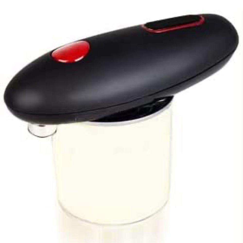 Black and red electric can opener on white background