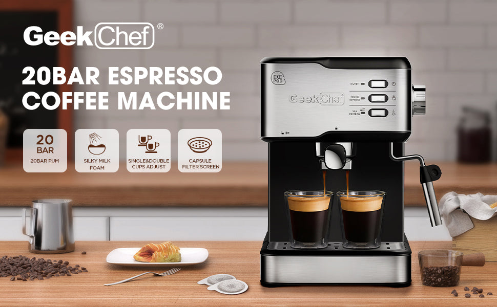 NEW Chef Espresso Machine, Espresso &amp; Cappuccino Latte Maker 20 Bar Coffee Machine Compatible With ESE POD Capsules Filter&amp;Milk Frother Steam Wand, 950W, 1.5L Water Tank Ban On Amazon