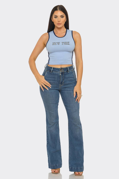 Seamless "New York" Screen Print Side Stripes Top