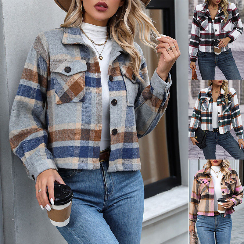 Women wearing fashionable plaid flannel shirts in various colors paired with jeans, holding coffee cups outdoors