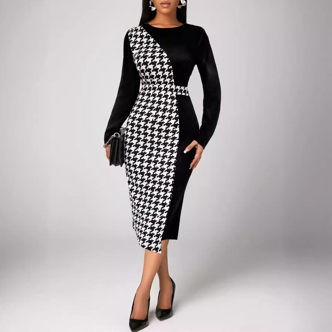 NEW Houndstooth Long Sleeve Elegant Style Sheath Dress