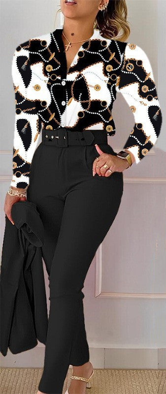 NEW Printed Long-sleeved Top Solid Color Pants Suit With Belt