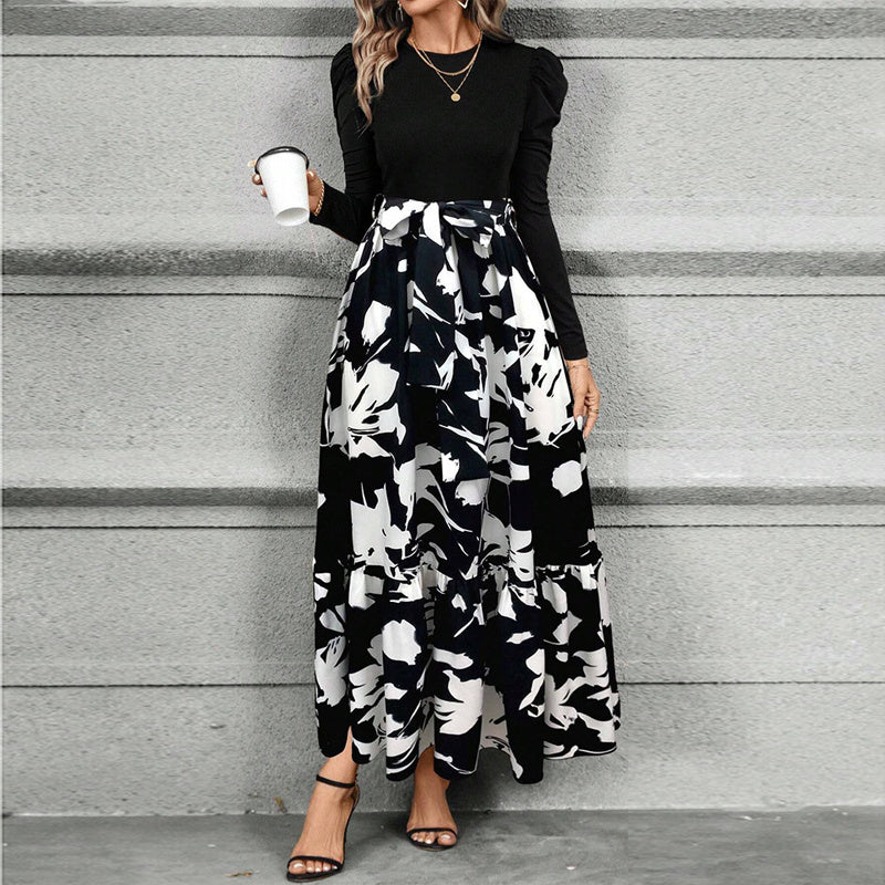 NEW Women's Round Neck Long Sleeve Dress, Patchwork Print & Pleated Maxi Dress With Waist Bow For Spring & Fall