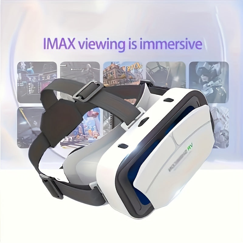 White VR headset with black adjustable strap promoting immersive IMAX viewing experience
