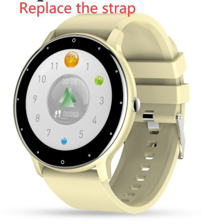 Beige smart watch with round screen displaying date, step count, and fitness icons