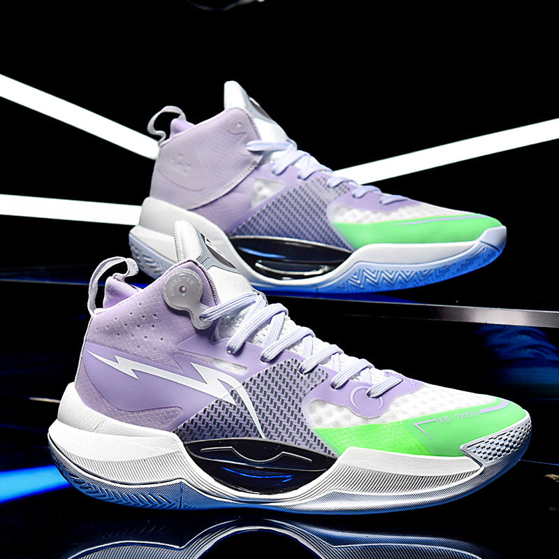 Purple and green high-top basketball shoes with white laces and outsole on reflective surface