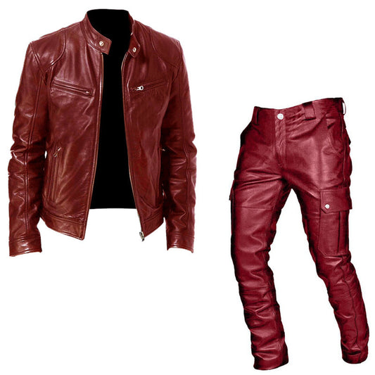 Men’s Korean Style Leather Two-Piece Set – Lightweight Spring & Fall (Jacket + Pants)