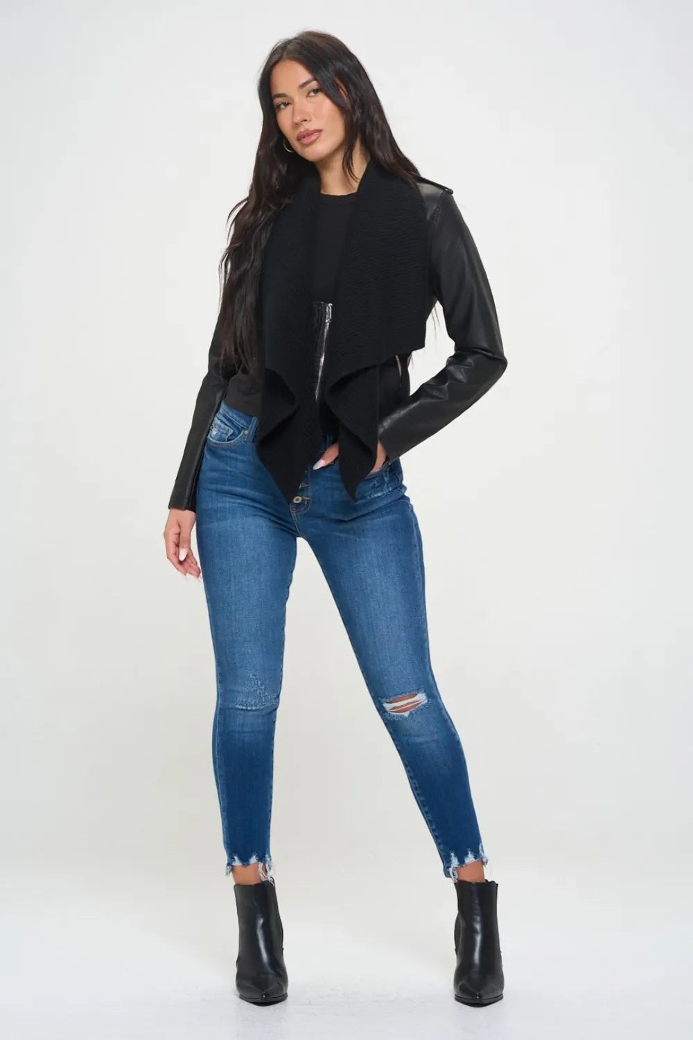 NEW Coalition LA Knit Collared Faux Leather Crop Jacket