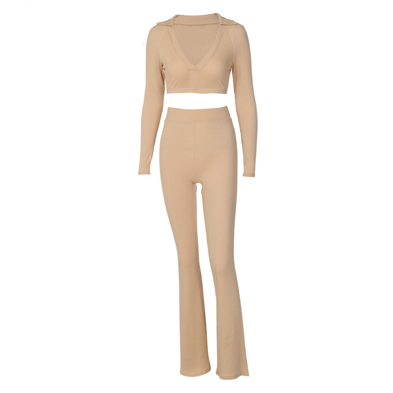 Solid Color Long-Sleeve Top Micro-Flare Pants Two-Piece Set