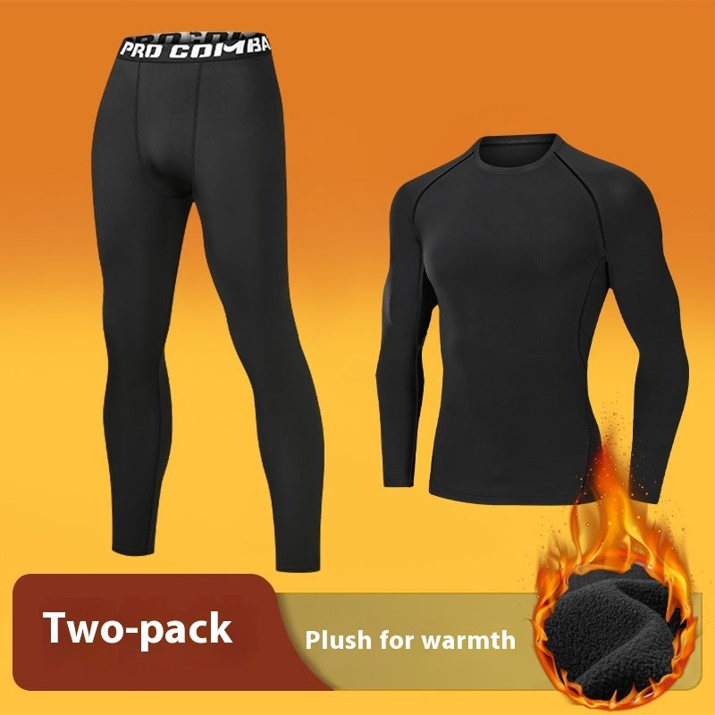 Two-pack black thermal compression long sleeve shirt and leggings with plush warmth fabric on orange background