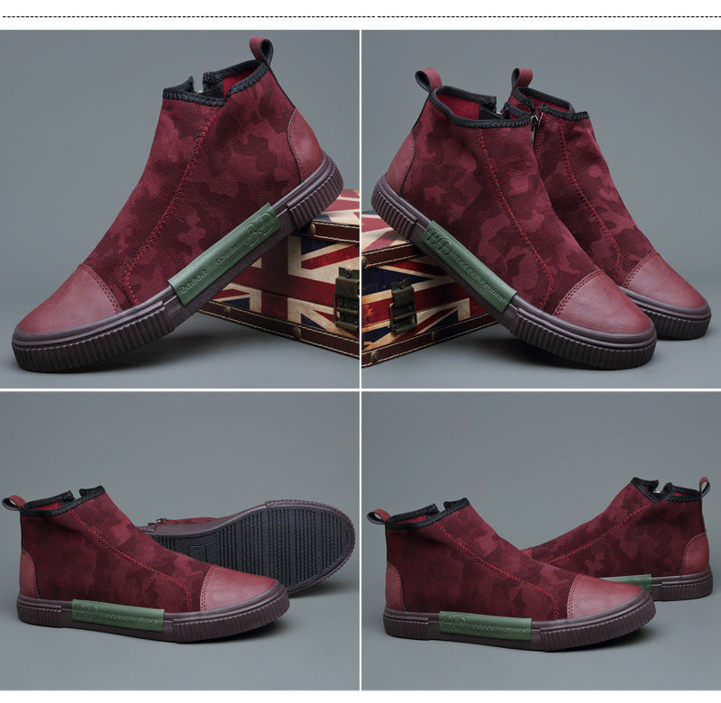 Burgundy high-top sneakers with camo pattern, rubber soles, and green side accents on gray background