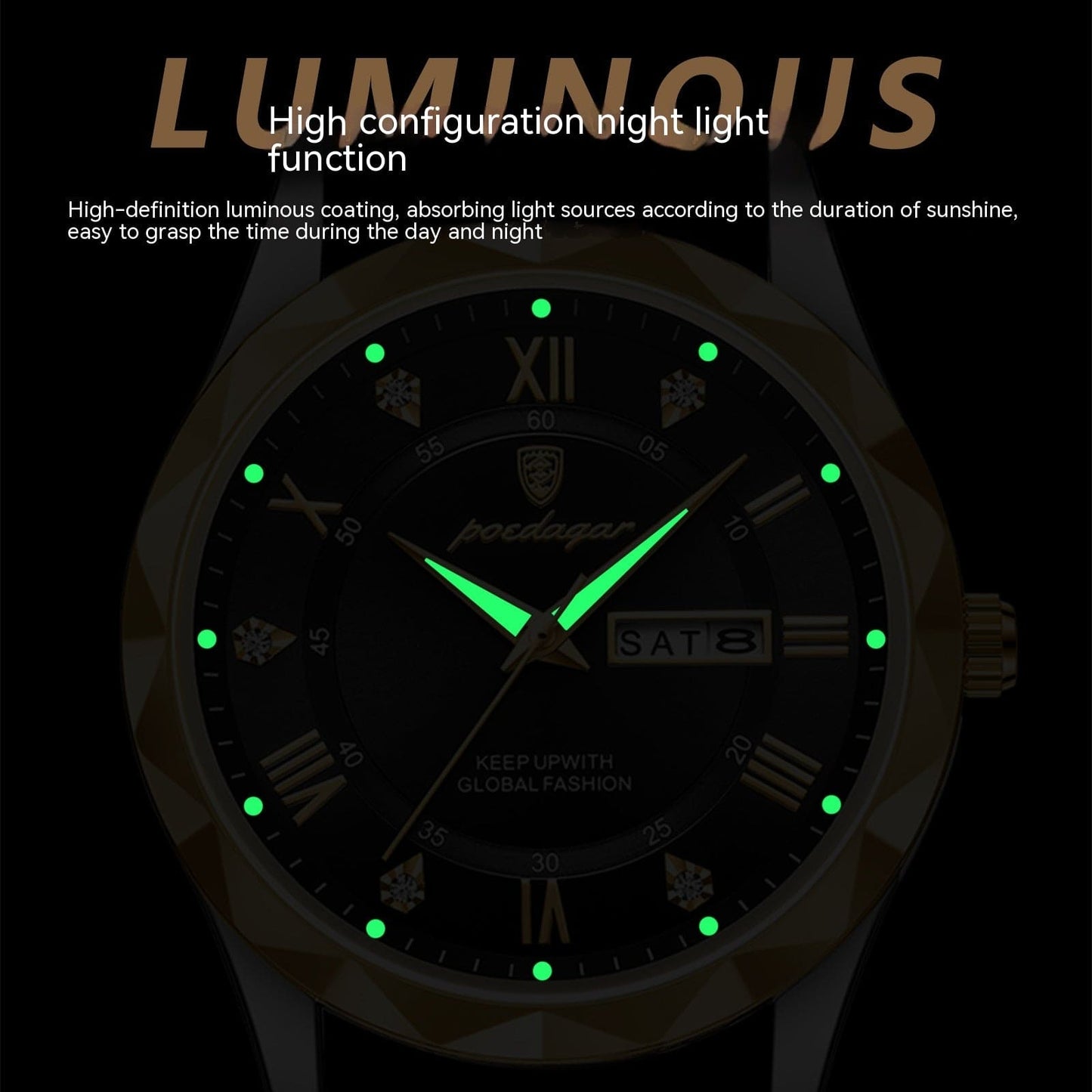Luminous watch face with glowing green hands and hour markers, night light function described