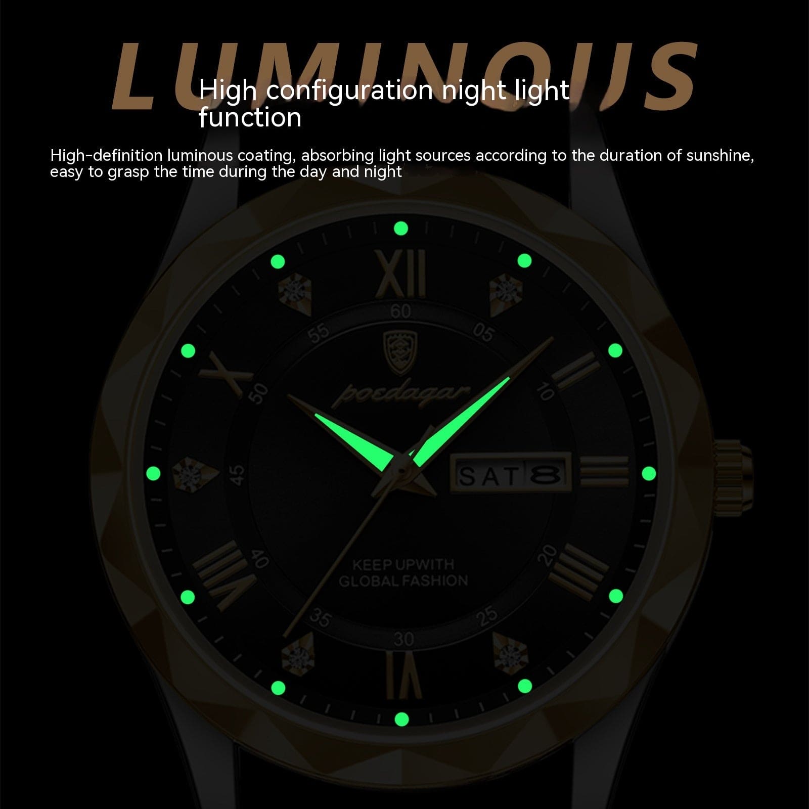 Luminous watch face with glowing green hands and hour markers, night light function described
