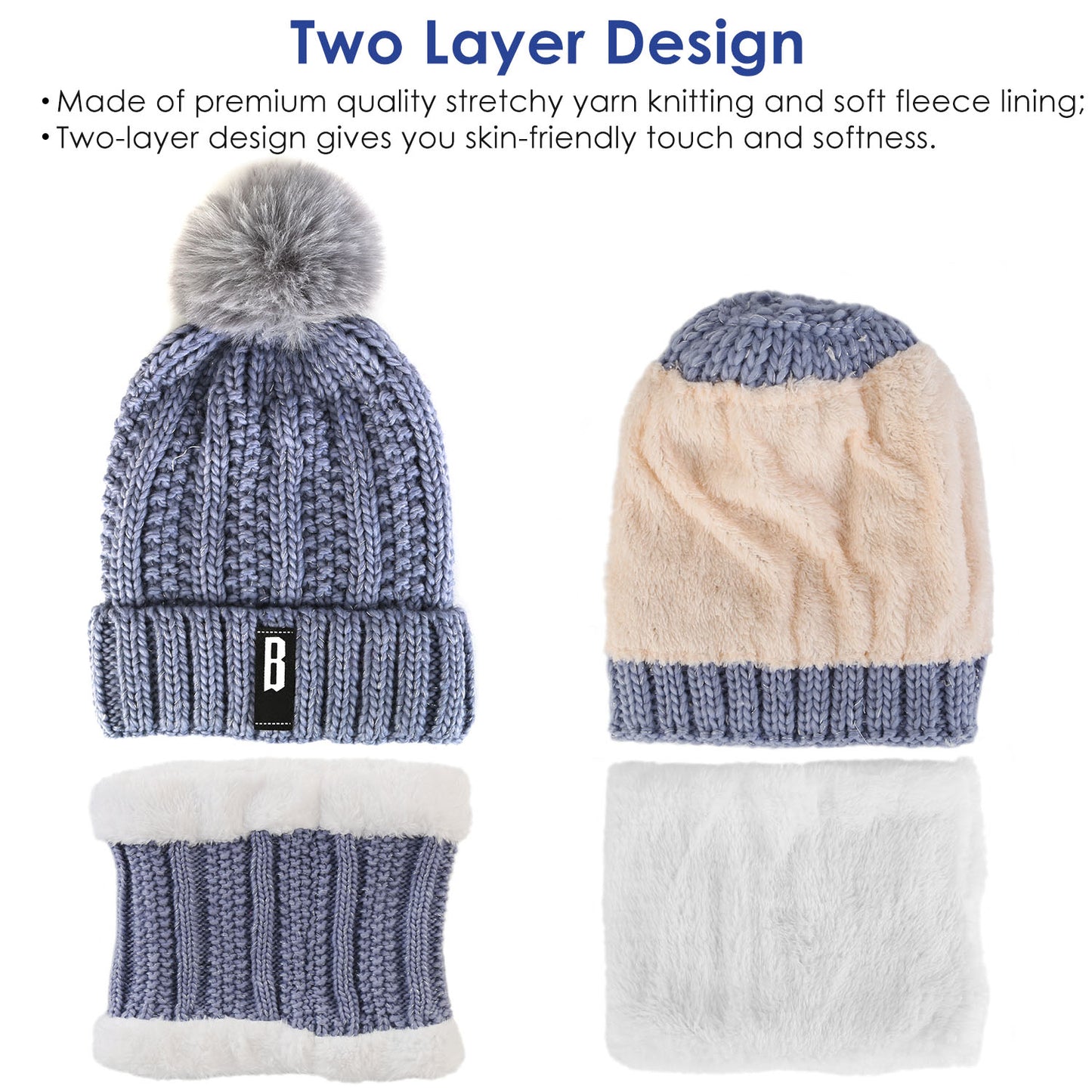 2-Piece Winter Knit Set – Warm Beanie Hat & Fleece-Lined Neck Scarf