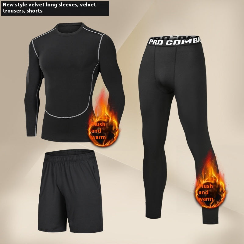 Black velvet long-sleeve shirt, velvet leggings with Pro Combat waistband, and black shorts set with plush warm fabric