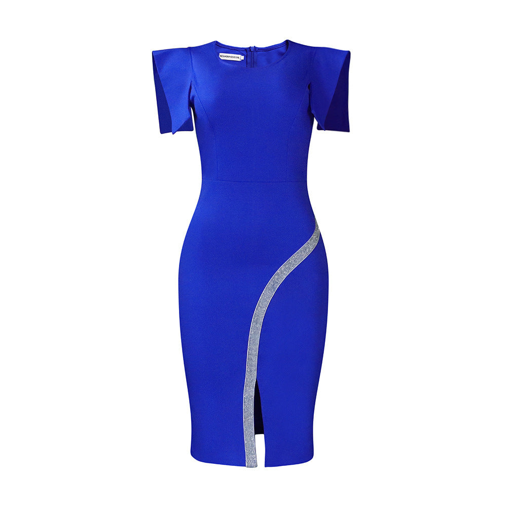 NEW Short Sleeve Sheath Tight Temperament Ol Split Bright Edge Dress