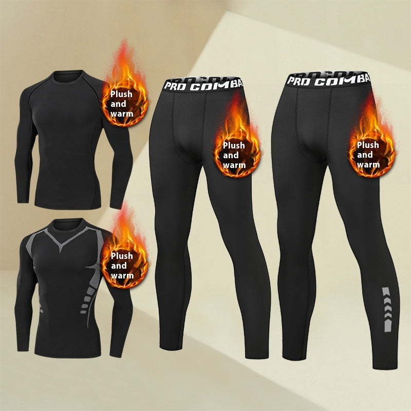 Black thermal compression base layers set with long sleeves and leggings, labeled plush and warm