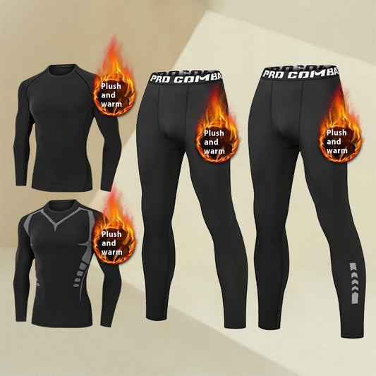 Black thermal compression base layers set with long sleeves and leggings, labeled plush and warm