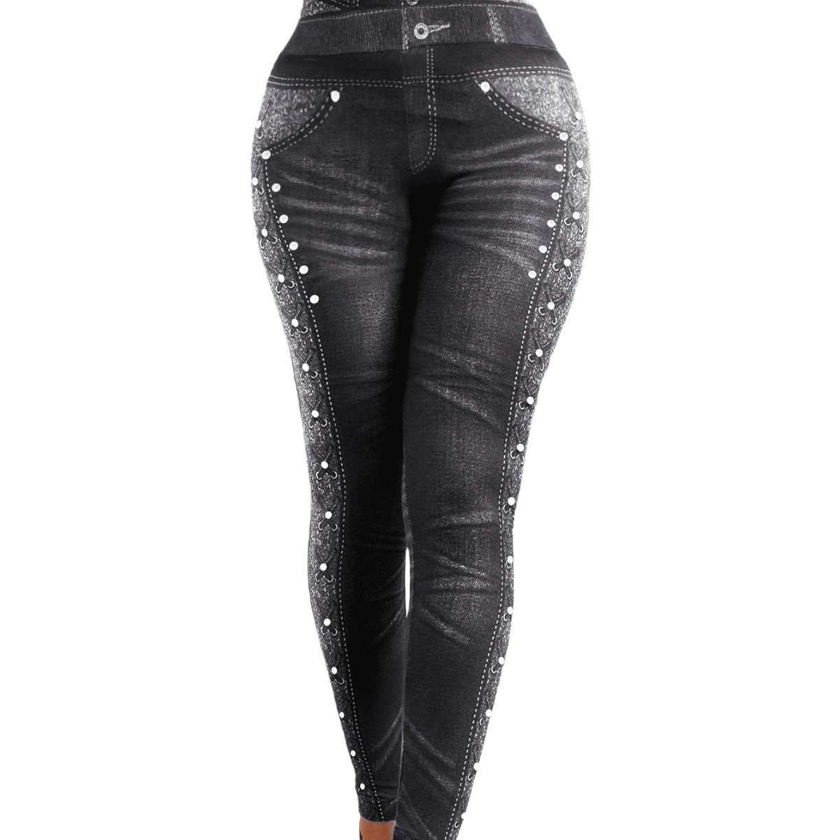 Women's black high-waisted skinny jeans with white stud and lace side detailing
