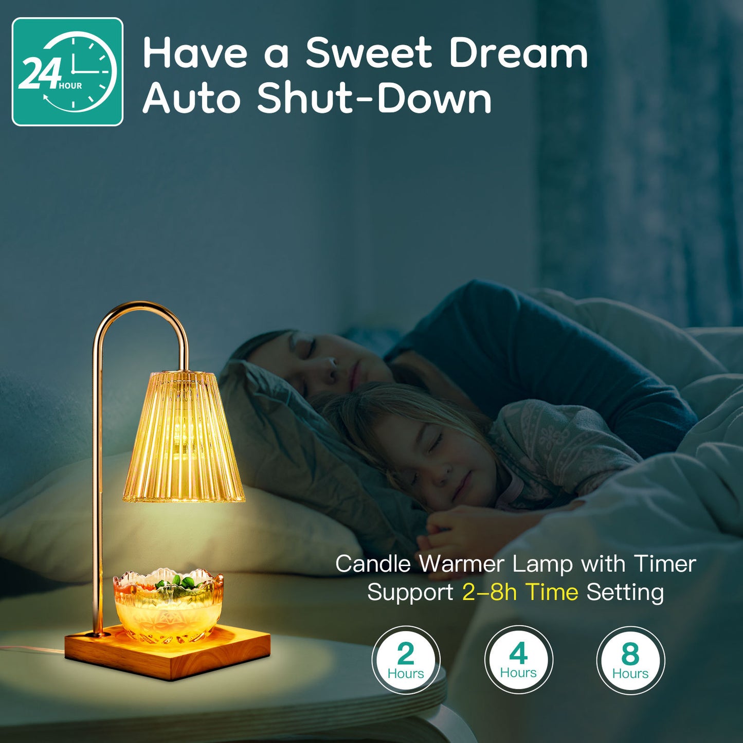Candle warmer lamp with timer on nightstand next to mother and child sleeping in bed