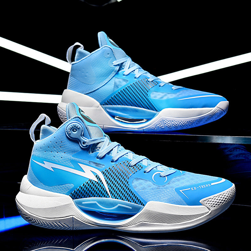 Blue high-top basketball shoes with white soles, mesh details, and lightning bolt design