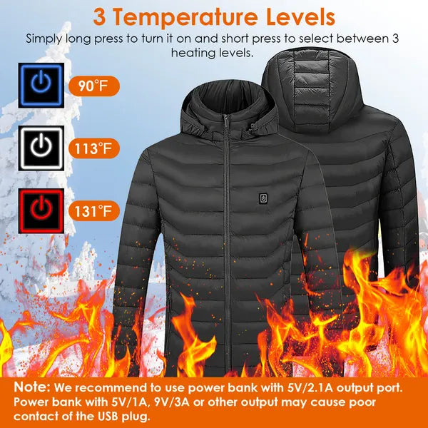 Men’s Heated Winter Puffer Jacket – 3 Temperature Levels (USB Powered)