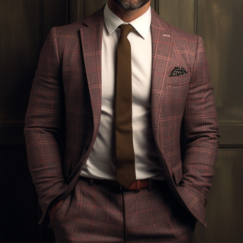 Man wearing brown plaid suit with white shirt and brown tie standing against dark wooden background