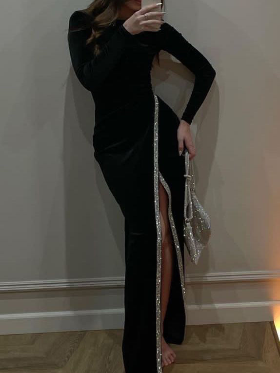 NEW Velvet Paneled Sequin Slit Dress