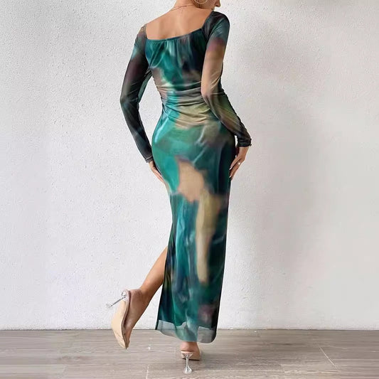 Women’s Gradient Mesh Bodycon Maxi Dress – Luxe Split Evening Edition